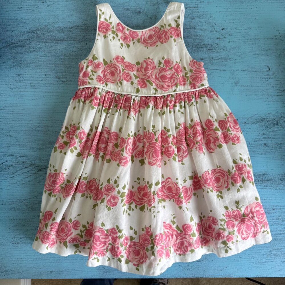 Janie & Jack Baby Girls Floral Cotton Dress With Bow Detail White & Pink Roses 6